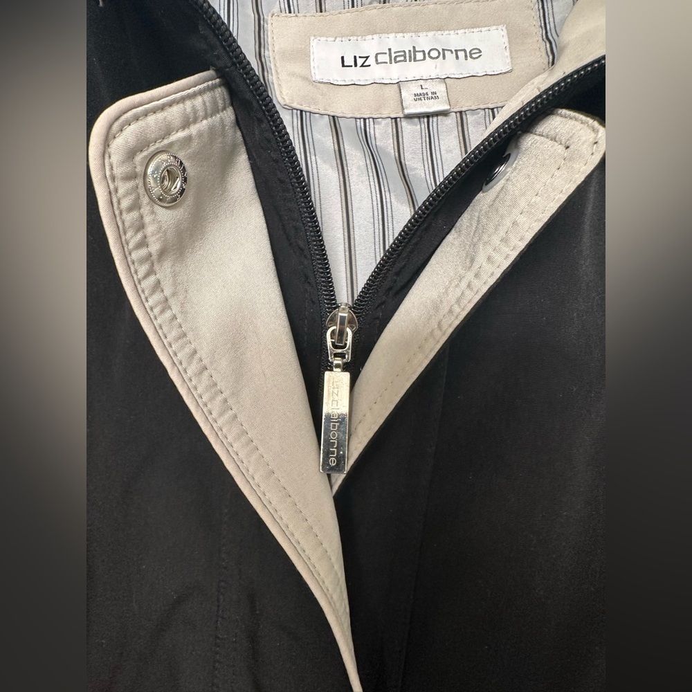 Liz Claiborne Black Rain/Trench Coat Size L - Picture 3 of 4